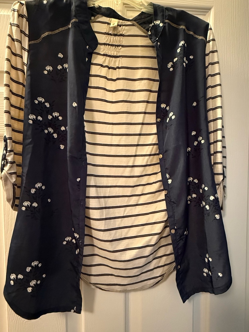 Striped Cream & Navy Floral Longline Layered Blazer